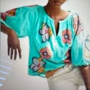 Maeve by Anthropology Turquoise Floral Embroidered Peasant Blouse